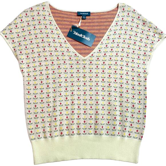 ModCloth In the Details Cream Short Sleeve Floral Sweater Top Women’s Large - Picture 2 of 8